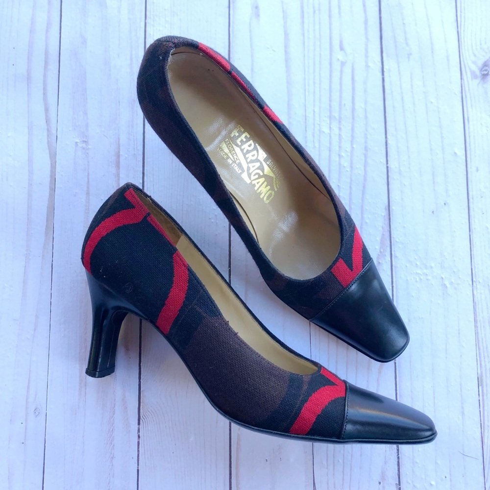 Salvatore Ferragamo brown and red canvas pumps
